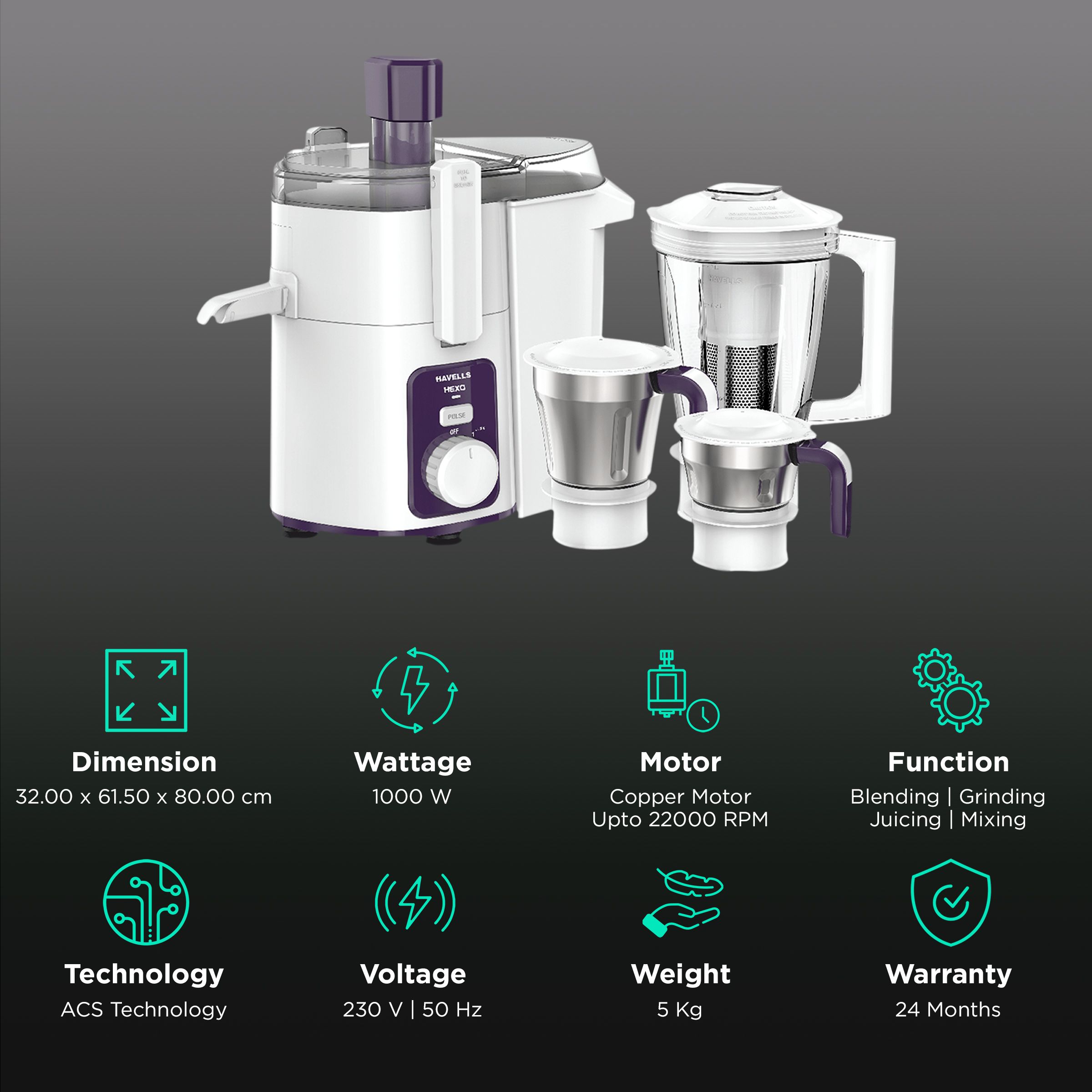 Buy Havells Hexo 1000 Watt 3 Jars Juicer Mixer Grinder (22000 RPM, ACS
